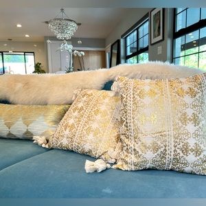 Anthropologie 18 x 18” cotton pillow with gold print